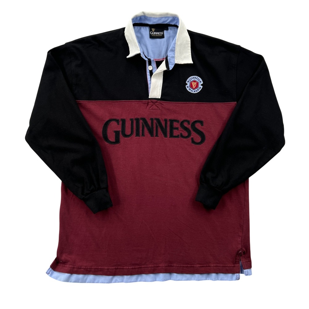 Guinness Rugby Shirt Men L Black Burgundy Embroidered Logo Long Sleeve Irish Bar
